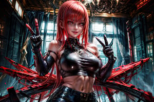 ((masterpiece)),(fantasy),[1girl,mature female],((dark skin:0.5)),(long loose hair, straight bangs ,(colorful red_hair), evil smile, medium breasts, thick thighs, crop top, mini skirt ,(muscular:0.8),(dynamic pose),standing,peace sign,[(glowing eyes),(shaded face:1.5)], pov_eye_contact, dynamic camera, bad-hands-5, 5_figner, ,makima \(chainsaw man\)