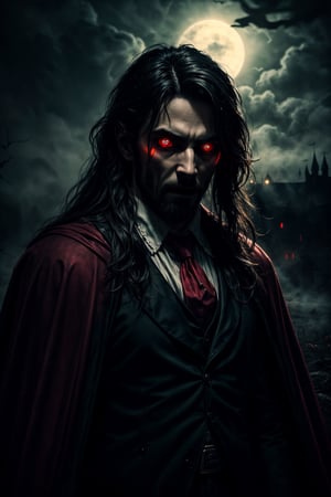 (masterpiece, top quality, best quality, beautiful and aesthetic), extremely detailed, hyper realistic, (Cinmatic:0.4), (Dark and intense:1.2), cowboy shot, detailed face, (long hair), ( 1 Dracula ), wearing a flowing cape, (red glowing eyes)
, foggy, eerie, haloween style,
,More Detail