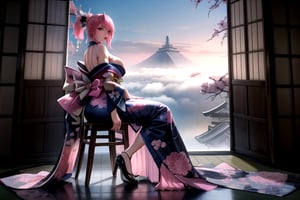 A award winning photography of a beautiful woman,( full body)  with pink hair, she is wearing a elegant blue kimono with insane detailed patterns, she is (strechted back), (layed back),  posing on the side, sitting in a wooden chair. looking at far distance above, in the background the are mist surrounding the futuristic Japanese city, the time is midnight ,High detailed,(dynamic pose), ,High detailed , girl, ,midjourney
