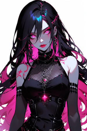 cowboy shot, Goth girl, goth girl 1girl, 1girl,solo,looking at viewer, long hair,hair between the eyes,bare shoulders,jewelry,(black hair, pink hair,multicolored hair,glowing hair), tattoo, sleeveless,pink eyes,necklace,two-tone hair,lips,makeup,white background,spot color, 
