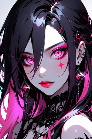  Goth girl, goth girl 1girl, 1girl,solo,looking at viewer, long hair,hair between the eyes,bare shoulders,jewelry,(black hair, pink hair,multicolored hair,glowing hair), tattoo, sleeveless,pink eyes,necklace,two-tone hair,lips,makeup,white background,portrait,spot color, 
