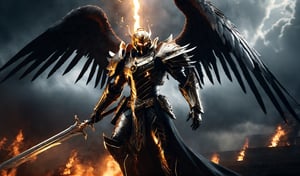 Depth of field, portrait, award-winning, perfect photo cinematic lighting, photorealism, octane render, ultra-fine details, up close, trending on art-station, 8k, highest quality, ultra-detailed dark fantasy image of  Angel of Death descending onto a battlefield, his  wings spreading wide, filling the air with dust and ash. The atmosphere is highly dramatic, evoking a sense of impending death. The lighting is eerie, casting a haunting glow on the surroundings. ,trending on artstation, sharp focus, studio photo, intricate details, highly detailed, by greg rutkowski,EpicSky,steampunk style,IncrsXLRanni,science fiction,cyborg style ,,mythical clouds,fire element,isni,HellAI,monster,traditional  Golden Mecha
The background is the judgment scene of hell. Full of fire and blood. Flying in the air,cyborg style