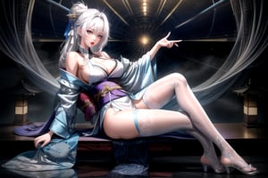 A award winning photography of a beautiful woman,( full body)  with white hair, she is wearing a elegant blue kimono with insane detailed patterns, she sitting in a chair (strechted back), (layed back),  posing on the side, looking at far distance above, in the background the are mist surrounding the futuristic Japanese city, the time is midnight ,High detailed,(dynamic pose), ,High detailed , girl, ,midjourney
