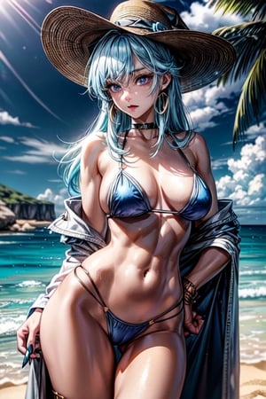 Photorealistic, (cowboy shot) a tall, blue-eyed woman with (blond hair) with light blue tips at the ends. She has a single hoop earing, a black choker, black nail polish, Wearing a wide brim summer hat, masterpiece, photography, a beautiful girl ( 1 girl), perfect face with proportional natural body, medium breasts, (blue_sky), (sandy beach),  petite young woman, exposed navel.
