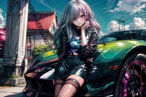 Clean face,Masterpiece,1girl ,long loose hair, straight bangs covers one eye, leaning up agaisnt lambo style car, blue Sky Background ,blue with White Hair, tight pink pvc T-shirt,fishnet legwear,Green skirt , medium breats ,venusbody,(hlfcol haired girl with color1 and col)
