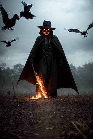 raw photo, full scenery, creepy Scarecrow monster laughing on a field, flying crows at night, black torn robe, burning rusty pitchfork, dark ambience, halloween atmosphere, horror atmosphere, 16k high resolution, 12k high definition, cinematic, behance contest winner, stylized digital art, smooth, ultra high definition, 8k, unreal engine 5, ultra sharp focus, intricate artwork masterpiece, ominous, epic, 4k details, ultra details, dynamic lighting, cinematic, 8k ultra fine detail, masterpiece, 12k high definition, sharpening, :: sharp, enhance, 16k super resolution, clarify :: 50mm lens, f/2.8, High detailed, Realism