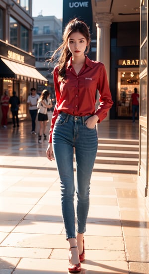 (Masterpiece, Photorealistic, 8K resolution, Ultra High Quality, Incredibly Detailed, Cinematic lighting, Perfect anatomy, RAW), girl wearing a red shirt and red jeans and whites shoes and pretty glamour look and giving perfect full body pose and in the mall and 4k resolution camera image,silhouette