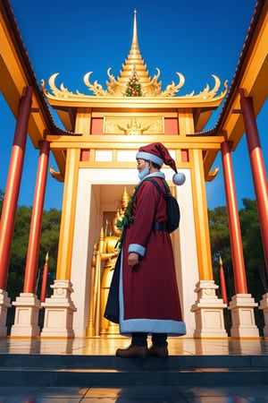 Santa Claus visit to famous temple in Thai to see Buddha statue, best lighting,