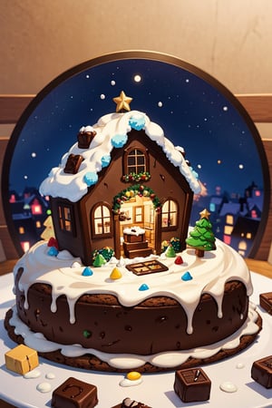 a charming scene featuring a delightful cookie and chocolate village. cookie and chocolate houses adorned with colorful candies, chocolate xmas, whip creamand and icing details, 🍫🍪🍩, warm lighting,  cozy and inviting atmosphere, pictuire book illustration,