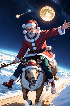 Santa is exploring outer space,
Santa is exploring the mysteries of outer space while delivering gifts, reindeers,  Santa Claus riding on a sleigh drawn by reindeer,