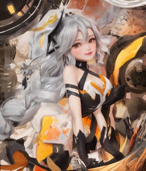 ((big breasts)), 1girl, solo, long hair, looking at viewer, blush, smile, hair ornament, gloves, dress, cleavage, bare shoulders, very long hair, yellow eyes, braid, white hair, teeth, black gloves, elbow gloves,signature, black dress, (abstract background), orange background, red lips