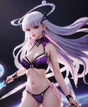 best quality, highres , nude,1girl, solo, nude,large_breasts,upper_body, no_clothes, smile,long hair,  jewelry, large_breast, bare breasts,very long hair,purple hair, upper body, weapon, earrings, barefoot, sleeveless, signature, blunt bangs,white bra, transparent bra,, thong underwear, transparent underwear,halo, polearm,  toenails,standing in the air in outer space,Sinestrea_Wave, nude, nsfw_nude