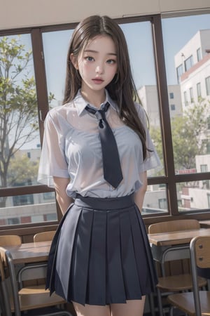 1girl, school uniform, pouting,jwy1,((see-through)),(hands behind back),wet