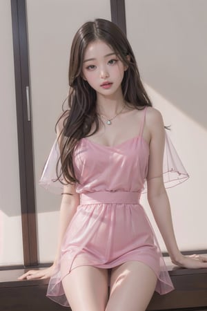 1girl,pink dress, pouting,jwy1,((see-through)),sleepy eyes
