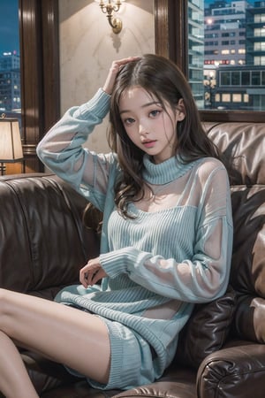 (masterpiece),  night,  indoors,  living room,  couch,  1girl,  black hair,  medium hair,  wavy hair,  sweater,jwy1,sleey eyes,((see-through))