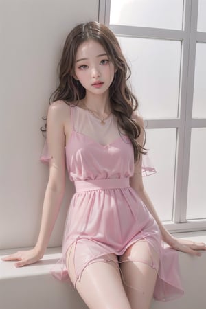 1girl,pink dress, pouting,jwy1,((see-through)),sleepy eyes