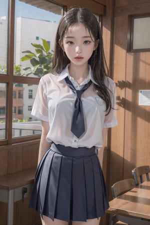 1girl, (wet school uniform), pouting,jwy1,((see-through)),(hands behind back),wet,30 yo, wet body,knee shot