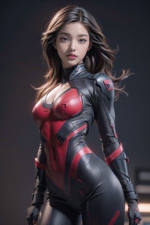 8k, masterpiece, best quality, realistic, sharp focus, cinematic lighting, extremely detailed, epic, dawn, girl, tight suit, edgy, sexy,urban , (red leon lighting background), chest open, deep-V chest,outfit,3DMM