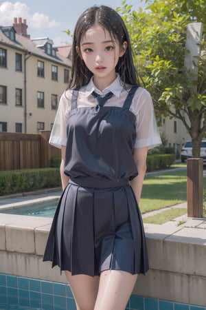 1girl, (wet school uniform), pouting,jwy1,((see-through)),(hands behind back),wet,30 yo, knee shot