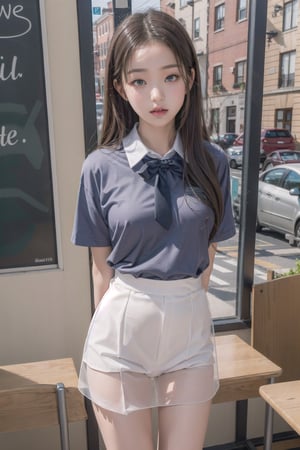 1girl, school uniform, pouting,jwy1,((see-through)),(hands behind back)