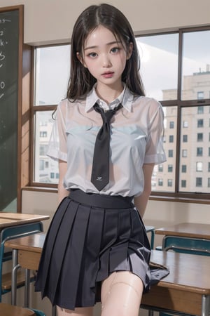 1girl, (wet school uniform), pouting,jwy1,((see-through)),(hands behind back),wet,30 yo, knee shot
