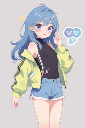 cute, a y2k girl wearing y2k jacket, sleeveless, shorts, 