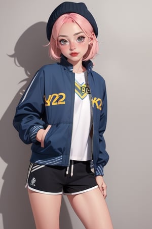 cute, a y2k girl wearing y2k jacket, shorts, 