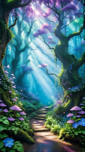 Generate an image of a fairy forest nestled in a fantastical and mysterious environment. The forest is enveloped in a blue or purple atmosphere, with a magical touch surrounding it. The tree leaves are of an iridescent blue color that captures the mystical light. Among the trees, vibrant purple flowers bloom enchantingly, filling the air with their fragrance. The forest is inhabited by mystical creatures hiding among the trees, giving the place an aura of secrecy. The entire environment is imbued with magic and mystery, ready to enchant anyone who visits.