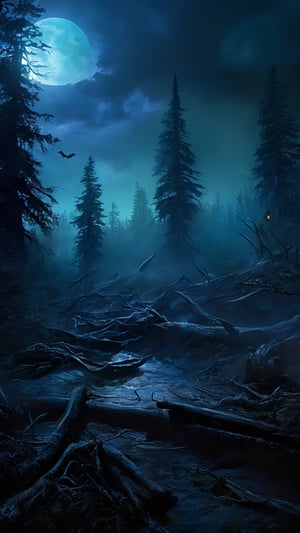 (Extremely detailed CG unity 8k wallpaper),(((Masterpiece))), (((Best Quality))), ((Ultra-detailed)), (Best Illustration),(best shadows), ((an extremely delicate and beautiful)),three brothers go on an adventure to find their father on the Halloween day, The atmosphere in the middle of a pine forest at night, depicting the sinister villain against a dark, foreboding Halloween-style background. Capture the essence of fear and hope in a dark sky, blue moon lightning, and unleash a visual spectacle that transcends the boundaries of frightful and eerie imagination, EpicSky,Landskaper,greg rutkowski