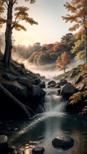 Forest , (season: fall) , misty , foggy , hard drizzling , wet furfaces , calm river flow , clear water , rocks , stone , calm waterfall , beautiful trees , sunrise , masterpiece , best quality , ultra detailed , "detailed background" , perfect shading , high contrast , best illumination , extremely detailed , ray tracing , realistic lighting effects