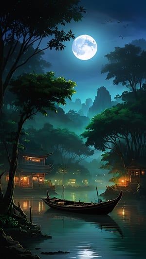 Three weathered wooden boats, devoid of any lights, drift silently upon the expansive river in Taiwan. The inky darkness of the night envelops them, casting an aura of mystery over their presence. Along the riverbanks, a dense jungle sprawls, its foliage adding an ominous and enigmatic backdrop to the scene.

Above, the full moon bathes the river in its ethereal glow, its silvery light shimmering upon the water's surface. The moonlight, while lending an eerie luminescence to the surroundings, also casts elongated shadows from the boats, intensifying the sense of isolation and seclusion.

The quietude is broken only by the occasional rustling of leaves from the jungle and the gentle lapping of water against the boats' sides. This haunting tableau of moonlit river, ancient vessels, and dense wilderness creates an atmosphere ripe with intrigue and possibility, where secrets may lurk just beyond the moon's luminous embrace.