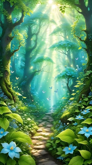 Generates an image of a fairy forest filled with a sense of tranquility and healing. The entire environment is filled with soft greens and light blues, giving it a sense of tranquility and healing. The leaves are a refreshing green color and capture the gentle swaying of the breeze. Among the trees, light blue flowers bloomed, like the smile of a little fairy. Mysterious creatures shuttle gently, exuding a peaceful atmosphere and infusing the entire fairy forest with healing power. The whole scene is like a refreshing medicine, bringing a sense of tranquility and healing.