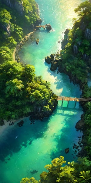 bird's eye view , tropical coastline landscape with ancient ruins in jungles, gold opal medalion shimmering with colors, SMALL FOOTBRIDGE in the bay ,  highly detailed, high resolution, raytraced reflections, dramatic lighting. 8k vibrant colors, neon ambiance, abstract black oil, detailed acrylic, grunge, intricate complexity, photorealistic, Makoto Shinkai Peter Kemp Mucha, kids story style, muted colors, watercolor style, muted colors, watercolor style, perfect composition, beautiful detailed intricate insanely detailed octane render trending on artstation, 8 k ,artistic photography, photorealistic concept art, soft natural volumetric cinematic perfect light, chiaroscuro, award winning photograph, masterpiece, muted colors, watercolor style, High Detail, dramatic, High Detail, dramatic ( very detailed background, detailed face, detailed complex busy background : 0.8 ) ,   (style of Ivan Aivazovsky:0.6), realistic, detailed, textured, skin, hair, eyes, by Alex Huguet, Mike Hill, Ian Spriggs, JaeCheol Park, Marek Denko, scenic , natural , majestic , by Ansel Adams , Galen Rowell , David Muench, Frans Lanting, Peter Lik
,Movie Still