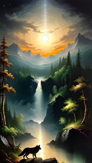 Natural landscape painting style, distance close-up, a lone wolf walking through the forest, surrounded by peaceful nature, cabin retreat in the woods, full moon high in the sky, moonlight filling the earth, large moon in the center, natural theme aesthetic, Thomas Cole style, Gallery display painting, ultra-high definition, blank bottom, vine decoration, mist floating on the ground, starry sky, mottled tree shadows, natural contrast, calm night, exquisite picture details, extraordinary technology.