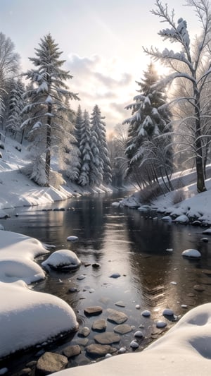 Forest, (season: winter), misty, foggy, gentle snowfall, snow-covered surfaces, serene river flow, crystal-clear ice, rocks, stone, tranquil waterfall, enchanting trees with snow-laden branches, sunrise, masterpiece, best quality, ultra-detailed, "detailed background", perfect shading, high contrast with snowy landscape, best illumination in the soft winter light, extremely detailed, ray tracing, realistic lighting effects.