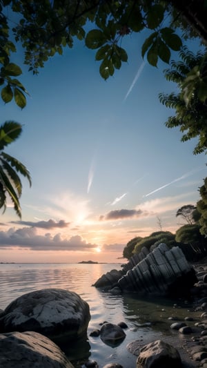 centered, photography, raw photo, | sunset cozy island, trees, leaf, river, beach, rock path, | aesthetic vibe, sunset ilumination, blue and pink color shade, | bokeh, depth of field, 