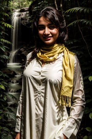 Pakistani (18yo) in a dense jungle, wearing white dull shalwar kameez, yellow scarf in neck,very_high_resolution, high_definition, seductive smile, realistic, detailed skin, hourglass_figure, covered body, very tight clothes