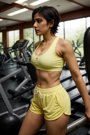 Indian milf in gym, wearing sports yellow bra with long shorts, thick_thighs, side_view, exercising, dark_skin, sweat_drops, sweaty, short_hair, abs, cleavage, very_high_resolution, high_definition, exposed_navel, seductive_pose, hourglass_figure,Detailedface