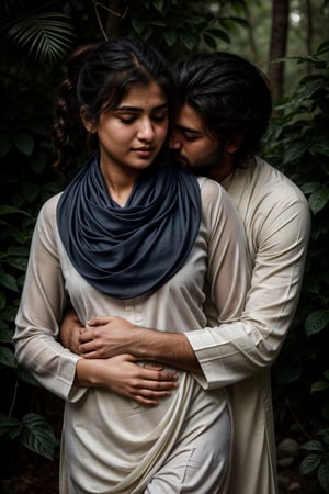 masterpiece, best quality, photorealistic, raw photo, Realism,

((couple making love)), ((hugging from behind)), Pakistani (16yo) in a dense jungle, ((wearing white dull shalwar kameez)), ((navy blue scarf in neck)), ponytail_hair, shy and confused expressions, detailed skin, hourglass_figure, covered body, slightly_chubby , very tight clothes