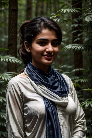 Pakistani (16yo) in a dense jungle, ((wearing white dull shalwar kameez)), ((navy blue scarf in neck)), ponytail_hair, very_high_resolution, high_definition, seductive smile, realistic, detailed skin, hourglass_figure, covered body, slightly_chubby , very tight clothes, side_view