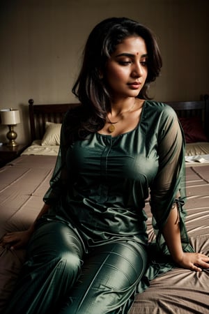 Pakistani woman lying on bed, wearing traditional shalwar kameez, very_high_resolution, high_definition, sultry_pose, realistic, dark_skin, hourglass_figure, sweaty, covered body, low neck, slightly_chubby, tight_clothes