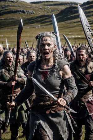 full-body_portrait, high quality, highly detailed, grey hair, clan fighting in battlefield background, wearing Nordic warrior clothes, holding sharp dagger, curly grey hairs, blood-stained_clothes, shaman necklaces, Viking face paint,

Imagine an intense Nordic woman fighting in a bloody battle wielding a battle axe and screaming