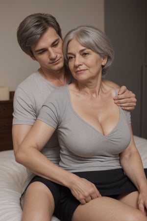 ((couple)), masterpiece, (((grey hair older woman in her 50s sitting on young 20 year old boy's lap))), wearing nighty, medium saggy breasts, lifting_skirt, slightly chubby, lateral posture, soft smile, bedroom, sitting on young lover's lap, seductive_expression, slight cleavage, freckles, full-body_portrait, back_view
