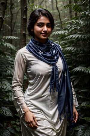 Pakistani (18yo) in a dense jungle, ((wearing white dull shalwar kameez)), ((navy blue scarf in neck)), very_high_resolution, high_definition, seductive smile, realistic, detailed skin, hourglass_figure, covered body, slightly_chubby, very tight clothes, side_view