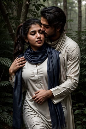 masterpiece, best quality, photorealistic, raw photo, Realism,

((couple making love)), ((hugging from behind)), Pakistani (16yo) in a dense jungle, ((wearing white dull shalwar kameez)), ((navy blue scarf in neck)), ponytail_hair, shy and confused expressions, detailed skin, hourglass_figure, covered body, slightly_chubby , very tight clothes