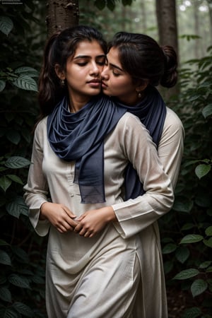 masterpiece, best quality, photorealistic, raw photo, Realism,

((lesbian making love)), ((hugging and kissing neck from behind)), Pakistani (16yo) in a dense jungle, ((wearing white dull shalwar kameez)), ((navy blue scarf in neck)), ponytail_hair, shy and confused expressions, detailed skin, hourglass_figure, covered body, slightly_chubby , very tight clothes