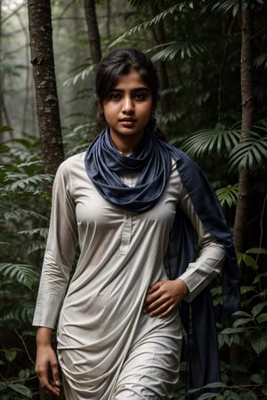 masterpiece, best quality, photorealistic, raw photo, Realism,

Pakistani (16yo) in a dense jungle, ((wearing white dull shalwar kameez)), ((navy blue scarf in neck)), ponytail_hair, shy and confused expressions, detailed skin, hourglass_figure, covered body, slightly_chubby , very tight clothes