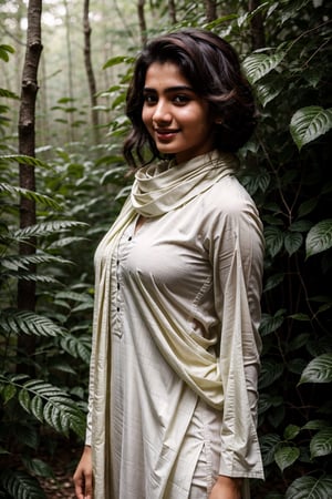 Pakistani (16yo) in a dense jungle, wearing white dull shalwar kameez, scarf in neck,very_high_resolution, high_definition, seductive smile, realistic, detailed skin, hourglass_figure, covered body, very tight clothes, rear_view