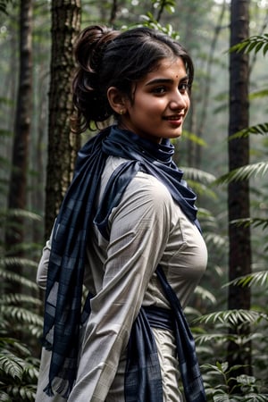 Pakistani (16yo) in a dense jungle, ((wearing white dull shalwar kameez)), ((navy blue scarf in neck)), ponytail_hair, very_high_resolution, high_definition, seductive smile, realistic, detailed skin, hourglass_figure, covered body, slightly_chubby , very tight clothes, side_view, schoolbag