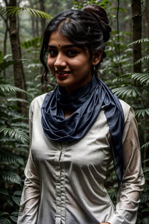 Pakistani (16yo) in a dense jungle, ((wearing white dull shalwar kameez)), ((navy blue scarf in neck)), ponytail_hair, very_high_resolution, high_definition, seductive smile, realistic, detailed skin, hourglass_figure, covered body, slightly_chubby , very tight clothes, side_view, schoolbag